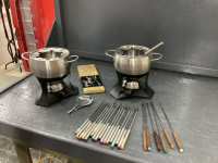 (2) STAINLESS STEEL FONDUE SETS W/ EXTRA FORKS