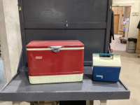 METAL COLEMAN RED COOLER + SMALL THERMOS COOLER