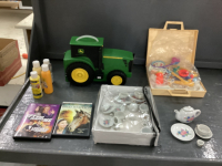 PLASTIC TRACTOR BOX, CERAMIC TEA SET, FISHER PRICE MEDICAL KIT, PAINT, DVDS