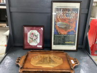 2 PICTURES, LAQUERED WOOD TRAY RCMP SCHOONER