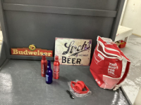 BEER COOLER BAG, STROH'S METAL SIGN, METAL BOTTLES