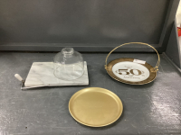 MARBLE CHEESE BOARD W/ GLASS COER, 50TH ANNIVERSARY PLATE, METAL PLATE