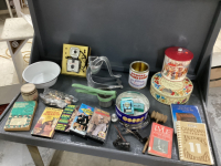 VINTAGE JUICER, TIN CANS, VHS MOVIES, PENCIL SHARPENERS