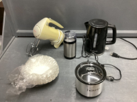 ELECTRIC SUNBEAM HAND MIXER, BIG COFFEE FILTERS, COFFEE GRINDER, MINI CROCK POT, TOASTMASTER KETTLE