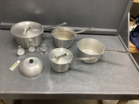 ALUMINUM BROWNE POTS, THERMOMETERS, COVERING LID