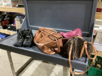 BOX OF BAGS - DUFFLE BAG, PURSES + WINTER SHOES