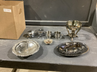 BOX WITH SILVERPLATE + STAINLESS ITEMS