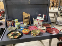 APPLE PEELER, TINS, VINTAGE RECIPE BOX, WOOD COVERED BOWL