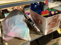 SHELF #14 - 2 FOLDING KIDS CHAIRS , BAG + BOX OF TOYS, WORD GAME