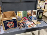 WOOD APPLE BOX WITH ASSORTED COOKBOOKS, CANDLE HOLDER