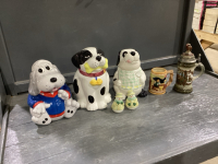 3 DOG COOKIE JARS, 2 BEER STEINS + SNOWMAN SALT + PEPPER