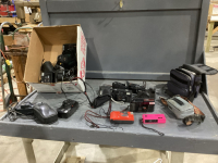 BOX OF VINTAGE CAMERAS + ACCESSORIES