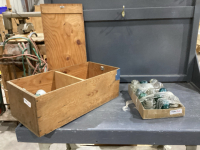 INSULATORS AND HANDMADE WOOD CRATE W/LID