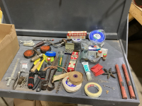 BOX OF ASSORTED ITEMS - SHEEP SHEARS, FLARES,TRIMMER STRING, SKELETON KEY, LUBRICANT, PICTURE HANGING PRODUCTS