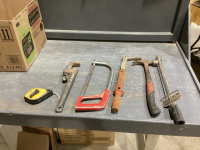 BOX OF ASSORTED TOOLS - TORQUE WRENCH, HAMMER, NAIL PULLER, HACKSAW , PIPE WRENCH, CHALKLINE