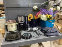 2 BOX-COFFEE MAKER (NO POT), CROCKPOT, CLOCK ,PLATE, ARTIFICIAL FLOWERS