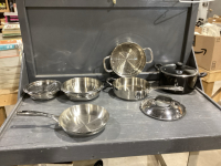 ASSORTED POTS + PANS , GRATER