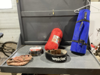 MAT, WEIGHT BELT, SLEEPING BAG, FOOT AIR PUMP + BALL GLOVE