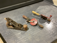 3 ANTIQUE TOOLS - PLANE, DRILLS