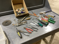 BOX OF ASSORTED TOOLS- WRENCHES, SCREWDRIVERS,PLIERS