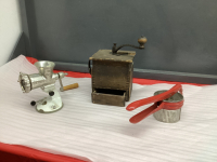 BOX W/ VINTAGE COFFEE GRINDER, POTATOE RICER, SMALL MEAT GRINDER