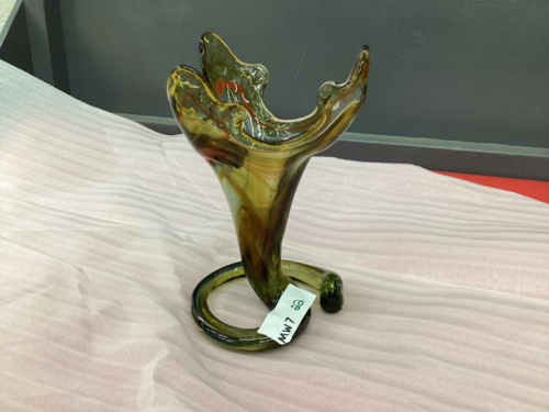BLOWN GLASS VASE - AMBER W/ BLUE/GREEN/RED HIGHLIGHTS