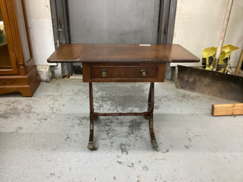 SMALL ANTIQUE SIDE TABLE W/ 2- DROP LEAFS. 1 - SMALL DRAWER