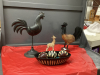 (2) DECOR ROOSTERS, RESIN GIRAFFE & DECOR "ZEBRA PRINT" WOOD BALLS IN WOOD BOWL -