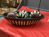 (2) DECOR ROOSTERS, RESIN GIRAFFE & DECOR "ZEBRA PRINT" WOOD BALLS IN WOOD BOWL - - 3