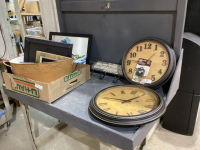 2 LARGER ROUND CLOCKS, BOX OF DECOR