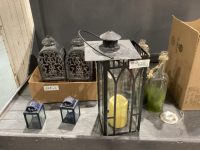 BOTTLES W/MINI LIGHTS INSIDE(NEED REPAIR) , LARGE CANDLE HOLDERS
