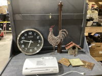 CLOCK,BIRD HOUSE, PEPPER MILL, METAL ROOSTER, SIGNS , FOOD SAVER