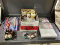 BOX W/KNITTING NEEDLES,CROCHET THREAD, CROSS STITCH THREAD,