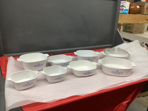 BOX W/ (8) BLUE CORNFLOWER CORNINGWARE CASSEROLES