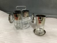 VINTAGE SILVER RIMMED GLASS SET W/ CADDY & COASTERS