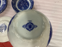 BLUE POTTERY, SMALL NORITAKE PLATES, GLASS VASES, TEA SET W/ PLATTER, CREAM & SUGAR,