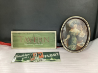 METAL 7-UP SIGN, WOOD BEER SIGN, PEPSI COLA TIN TRAY