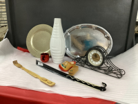 BOX W/ METAL TRAY, WHITE VASE, HOLLAND CLOG W/ SHOE BRUSH, MANTLE CLOCK, BACK SCRATCHERS