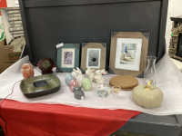 BOX W/ NEW PICTURE FRAMES, SMALL SALT LAMP, CERAMIC BUNNIES, POTTERY DIVIDED DISH