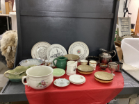 COLLECTION OF CHIPPED MEDALTA POTTERY, ALBERTA POTTERY, SILVERPLATE ITEMS, COLLECTOR PLATES