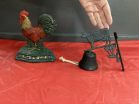 SMALL CAST ROOSTER BOOKEND & SMALL CAST "COW" BELL