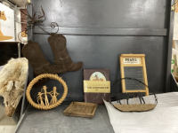 BOX W/ SMALL REPLICA WASHBOARD, BOOKS, METAL BOOT DECOR, BARB WIRE WESTERN DECOR, TIME LIFE COWBOY BOOK
