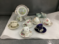 TEA CUPS & SAUCERS, SUGAR & CREAM ON TRAY, PLATTER