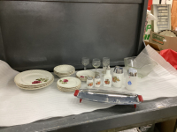 BOX W/ VINTAGE DISHES - TRAY, GLASS BOWL, PLATE SET, SUGAR & CREAM, SALT & PEPPER