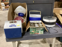 BOX OF SMALL COOLERS, DEHYDRATOR, CANNING JARS, HUMIDIFIERS