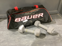 2 - 10 POUND WEIGHTS AND BAUER BAG