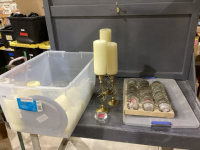 GOOD LIDDED TOTE W/ CANDLES, CANDLE HOLDERS, TEALIGHT HOLDERS