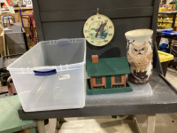 GOOD LIDDED TOTE W/ OWL UMBRELLA STAND , DUCK THERMOMETER + BIRD FEEDER