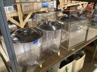 SHELF #5 - 3 DISPENSER JUGS W/STANDS , CLEAR STORAGE UNITS