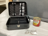ANTIQUE 1920'S EYEGLASS FRAMES, SQUIRREL PEANUT BUTTER TIN, CASE W/ PLASTIC CUPS